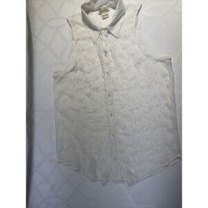 Lucky Brand Button Up Top Womens S White Sleeveless Collar Sheer Embroidery